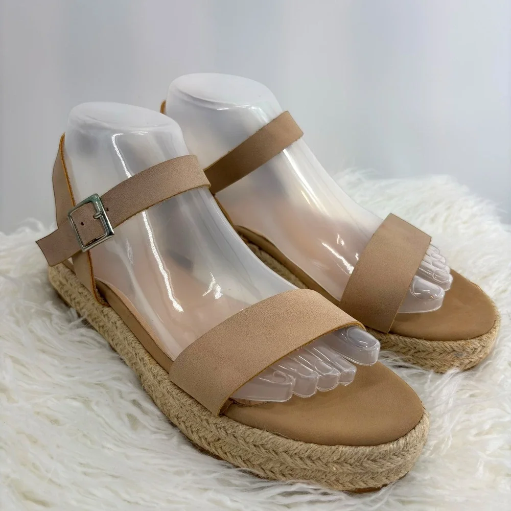 AMS Audrey Tan Espadrille Platform Sandals Women Size 8‎ Buckle Neutral Summer